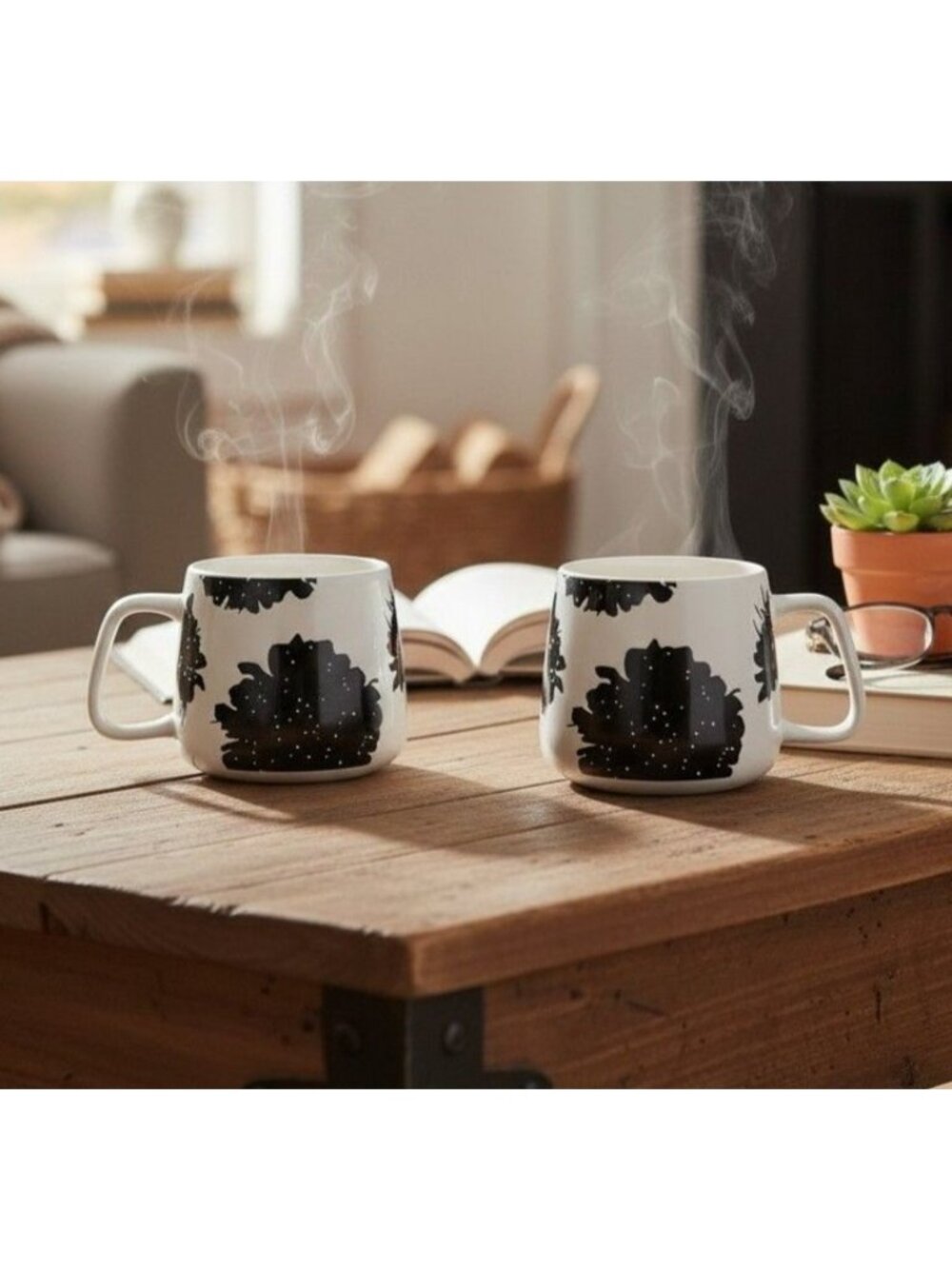 India & Purry Porcelain Coffee Mug Set With Black Scabiosa Floral Design